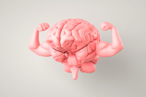 Strong brain with arms flexing strong biceps.